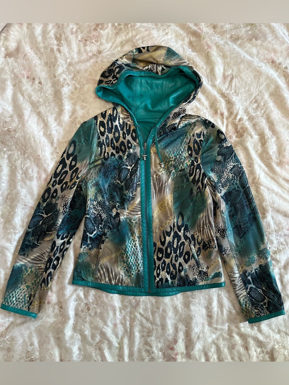 Teal Animal-Print Hooded Jacket - Women's Lightweight Zip Front